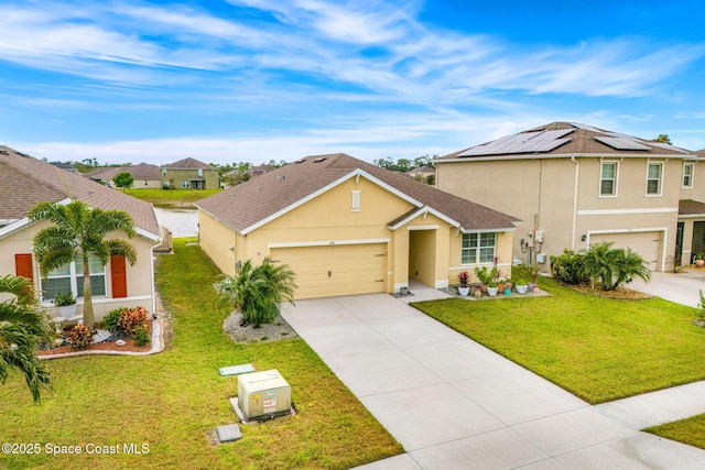 traditional-style home with stucco siding, a garage, a residential view, driveway, and a front lawn