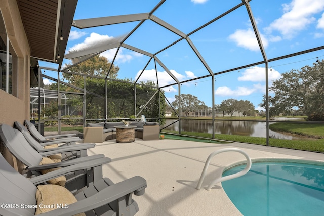 view of patio featuring glass enclosure, a water view, and an outdoor pool