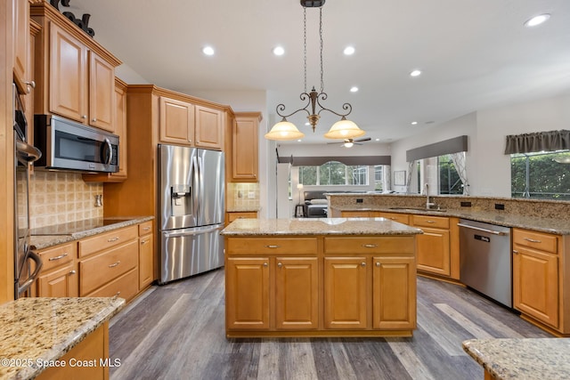 kitchen with appliances with stainless steel finishes, a center island, a healthy amount of sunlight, and wood finished floors