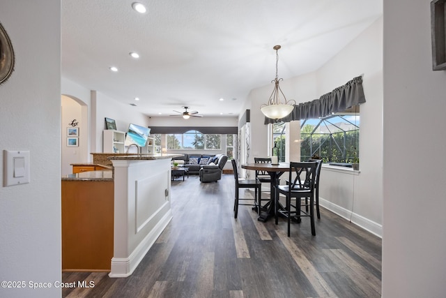 dining area featuring dark wood-type flooring, arched walkways, a healthy amount of sunlight, and baseboards