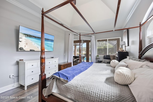 bedroom featuring lofted ceiling, access to outside, wood finished floors, and baseboards