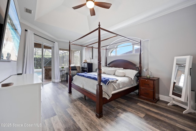 bedroom with baseboards, visible vents, dark wood-style floors, ornamental molding, and access to exterior