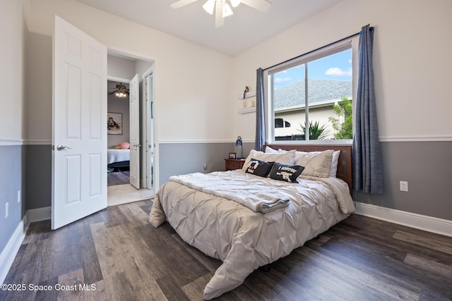 bedroom featuring a ceiling fan, baseboards, and wood finished floors