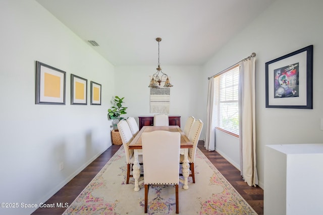 dining room with baseboards, visible vents, and dark wood-style flooring