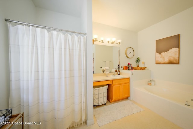 full bath featuring vanity, a shower with shower curtain, and a bath