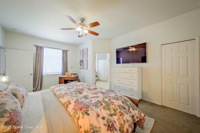 bedroom featuring ceiling fan and carpet floors