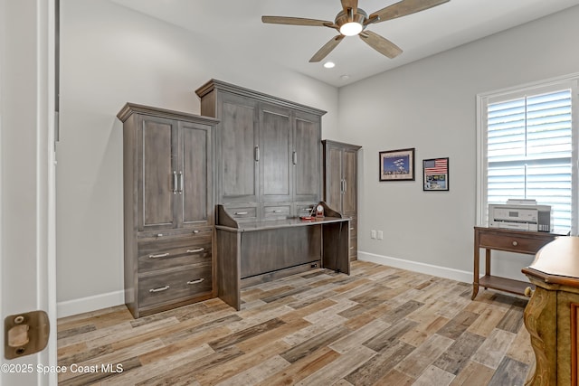 home office with recessed lighting, baseboards, light wood finished floors, and ceiling fan