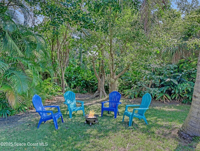 view of yard with a fire pit