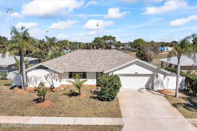 single story home with a garage, fence, driveway, a gate, and stucco siding