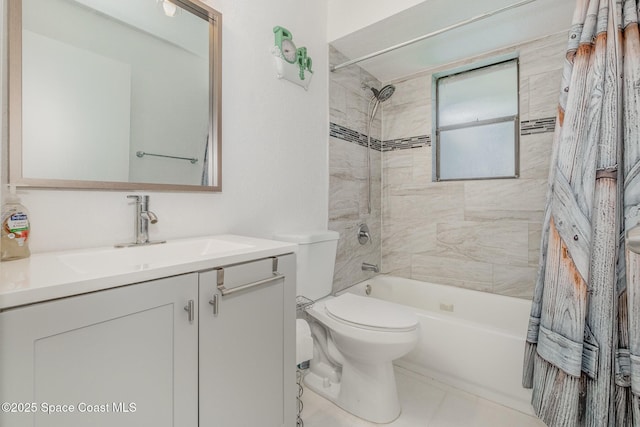 bathroom featuring toilet, shower / bath combination, and vanity