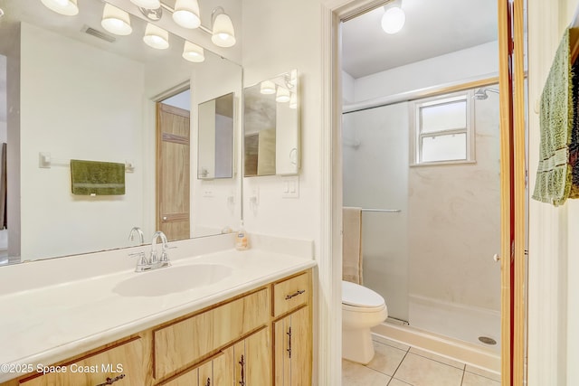 bathroom with tile patterned flooring, visible vents, a shower stall, and toilet