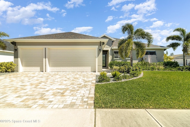 ranch-style home featuring a garage, stucco siding, decorative driveway, and a front yard