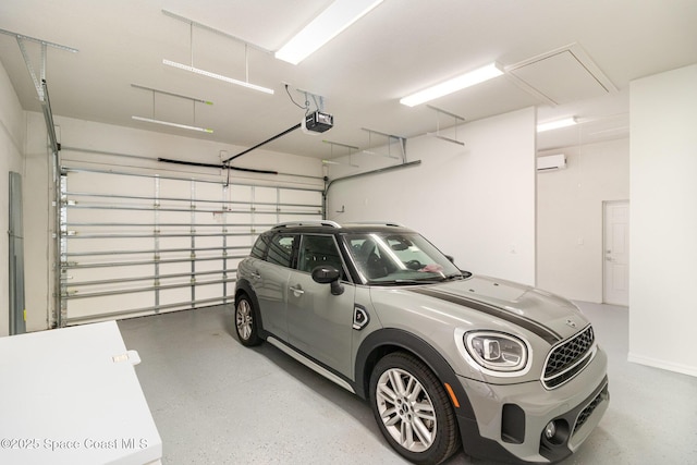 garage featuring a garage door opener and a wall mounted AC