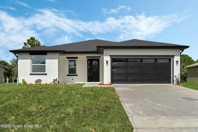 view of front facade featuring a garage, driveway, a shingled roof, a front lawn, and stucco siding