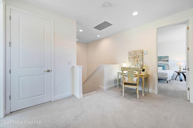 corridor with an upstairs landing, carpet flooring, recessed lighting, and baseboards