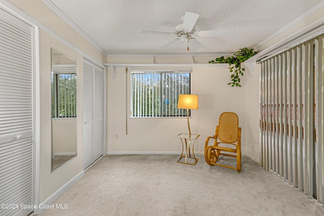 sitting room with carpet floors, plenty of natural light, crown molding, and a textured ceiling