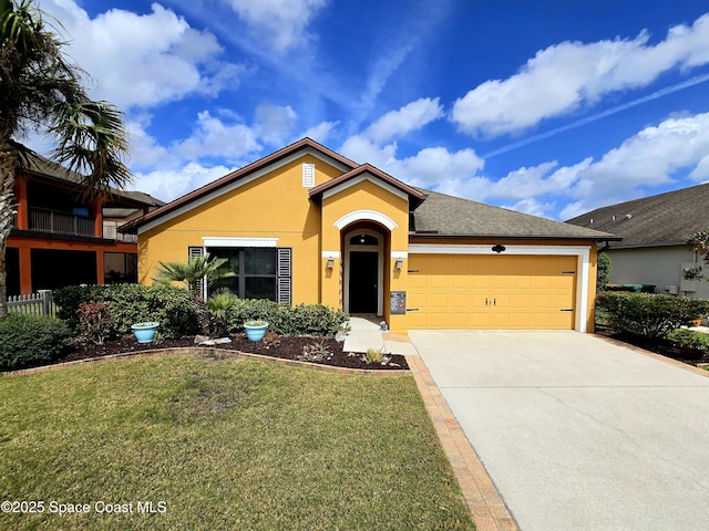 ranch-style house with a garage, driveway, a front lawn, and stucco siding