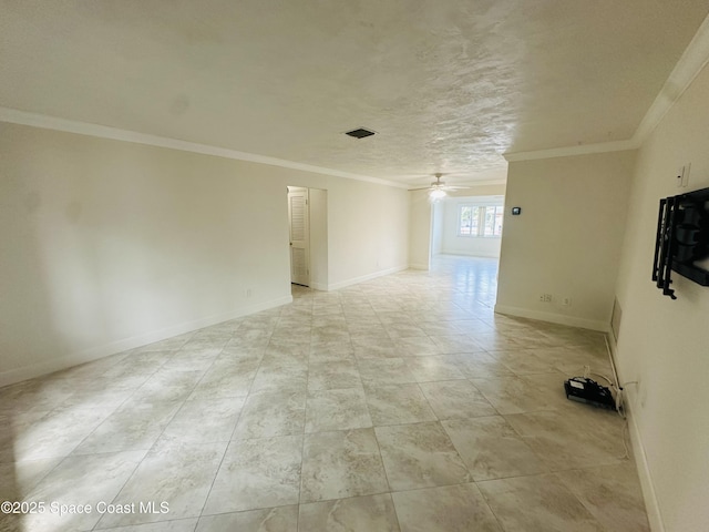 unfurnished living room featuring a textured ceiling, visible vents, baseboards, a ceiling fan, and crown molding