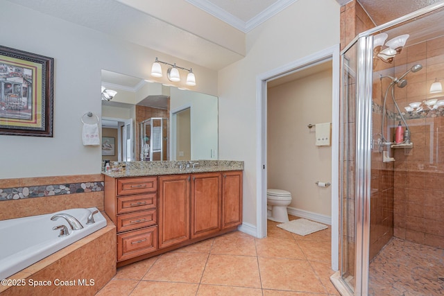 full bathroom with a shower stall, ornamental molding, tile patterned flooring, and vanity