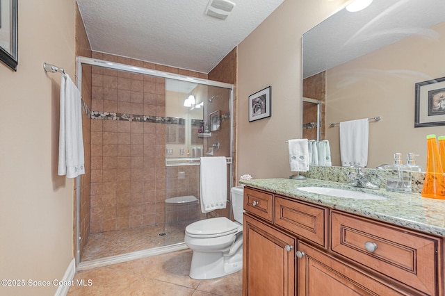 bathroom featuring a textured ceiling, tile patterned flooring, toilet, visible vents, and a stall shower