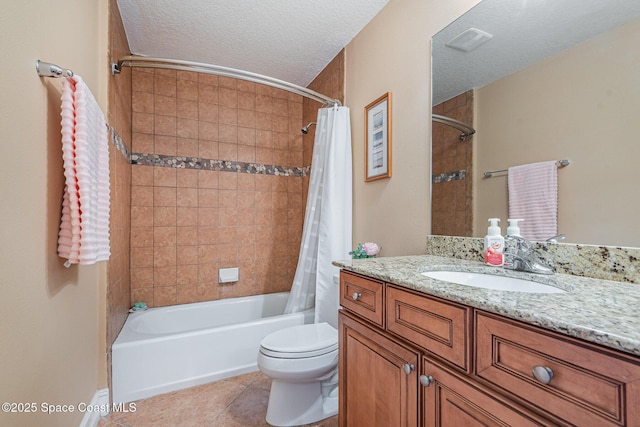 full bathroom with shower / tub combo, toilet, tile patterned floors, a textured ceiling, and vanity