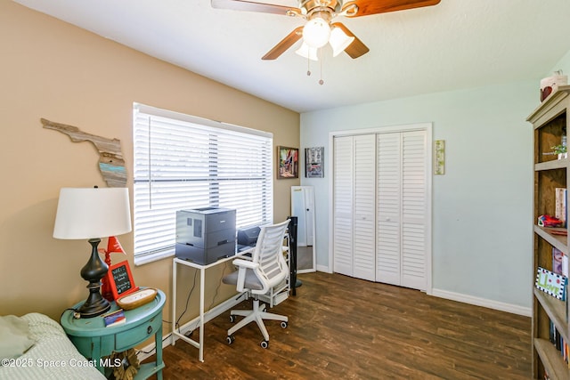 home office featuring baseboards, wood finished floors, and a ceiling fan