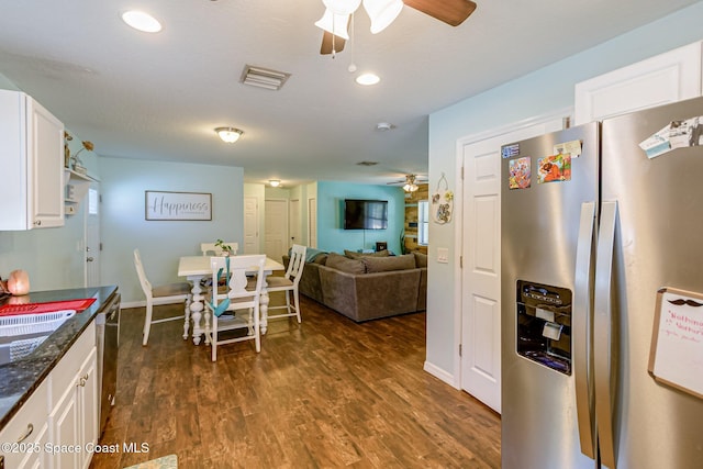 dining area featuring recessed lighting, visible vents, ceiling fan, and dark wood-style flooring