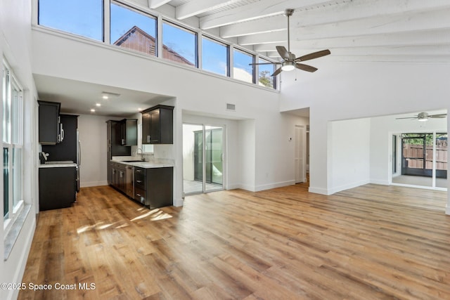 unfurnished living room featuring visible vents, beamed ceiling, light wood-style floors, a ceiling fan, and a sink