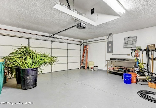 garage featuring electric panel and a garage door opener