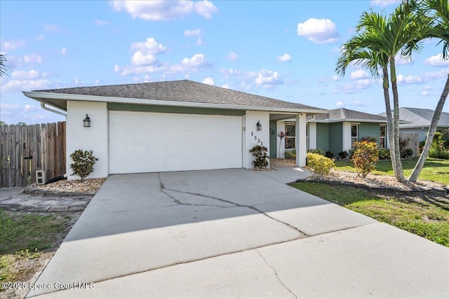 ranch-style home featuring fence, roof with shingles, driveway, stucco siding, and a garage