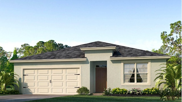 view of front of property with concrete driveway, roof with shingles, an attached garage, and stucco siding