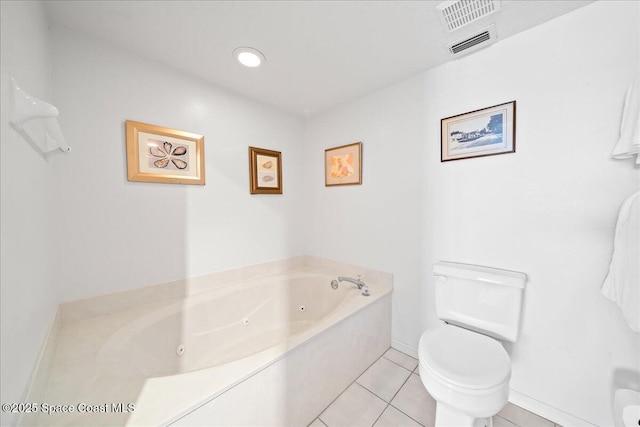 full bathroom featuring recessed lighting, visible vents, toilet, tile patterned flooring, and a jetted tub