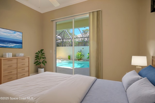 bedroom featuring access to outside and ornamental molding