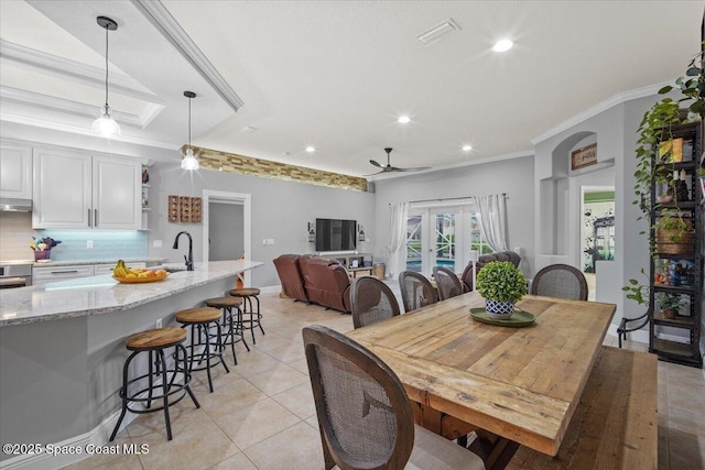 dining area with french doors, light tile patterned floors, recessed lighting, visible vents, and ornamental molding