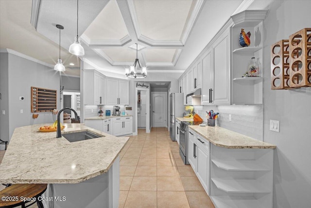 kitchen featuring appliances with stainless steel finishes, coffered ceiling, a sink, and open shelves