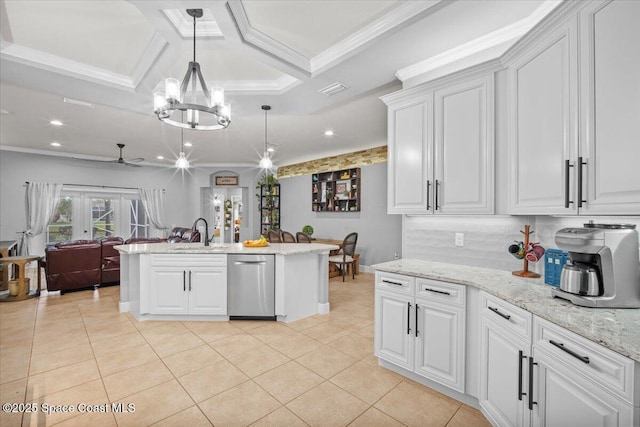 kitchen with dishwasher, light tile patterned floors, a sink, and ornamental molding