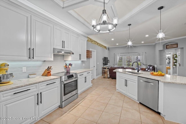 kitchen with decorative backsplash, appliances with stainless steel finishes, crown molding, under cabinet range hood, and a sink