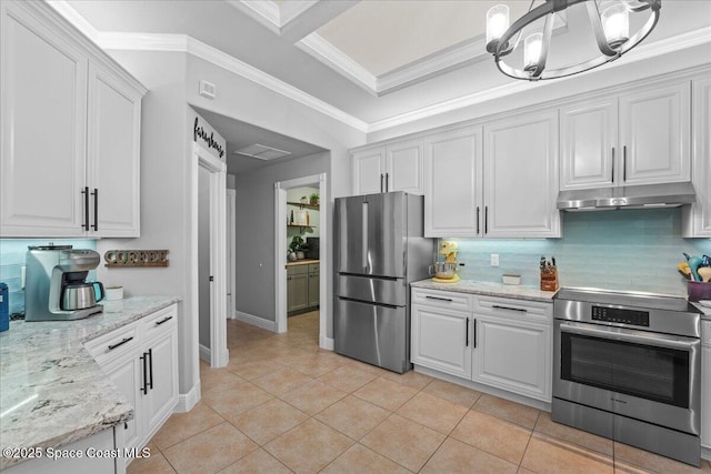 kitchen featuring appliances with stainless steel finishes, crown molding, under cabinet range hood, and tasteful backsplash