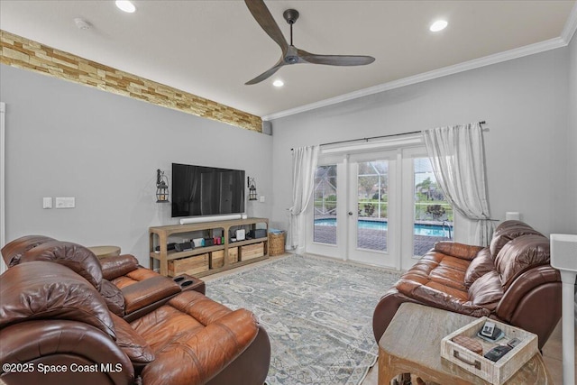 living room with ornamental molding, recessed lighting, french doors, and ceiling fan