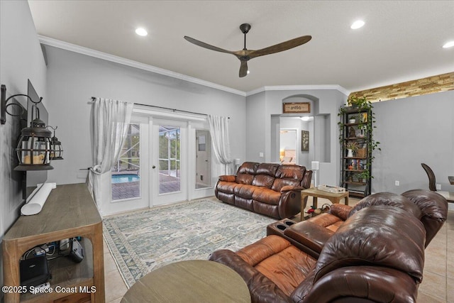 living room with recessed lighting, french doors, crown molding, and ceiling fan