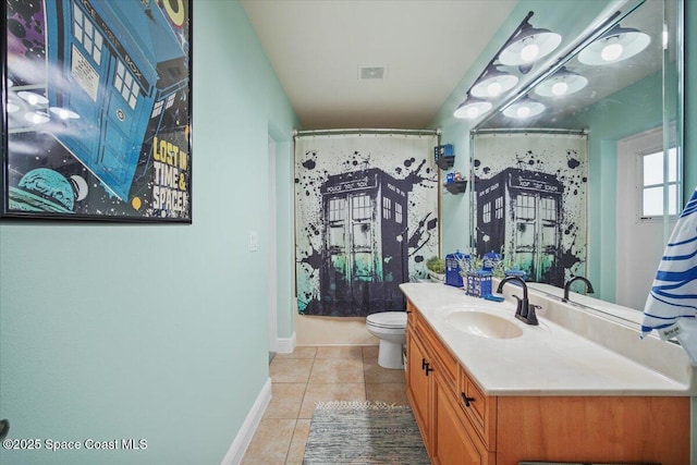 full bath with baseboards, visible vents, toilet, tile patterned floors, and vanity