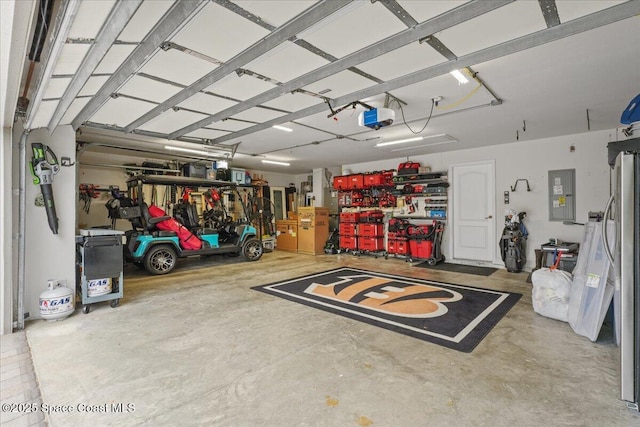 garage with a garage door opener and electric panel