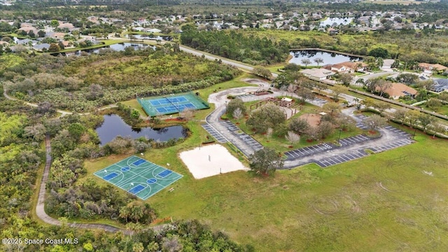 drone / aerial view featuring a water view