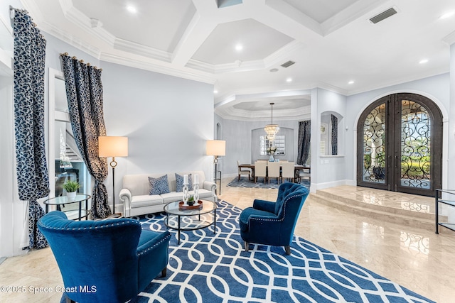 living room featuring coffered ceiling, marble finish floor, arched walkways, and a wealth of natural light