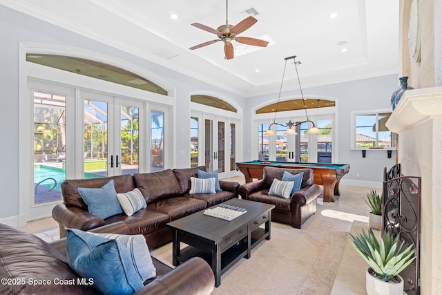 living area with pool table, french doors, visible vents, and ornamental molding