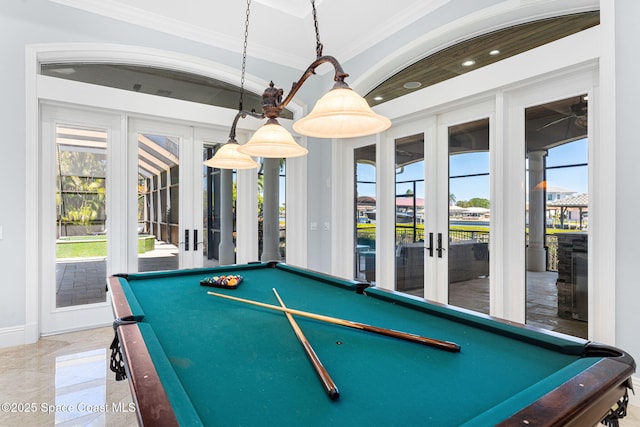 playroom with french doors, billiards, and crown molding