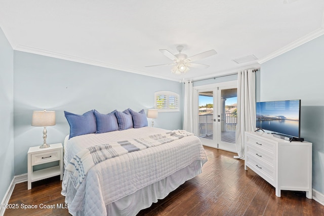 bedroom with french doors, dark wood-type flooring, ornamental molding, and access to outside