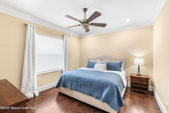 bedroom featuring ceiling fan, baseboards, wood-type flooring, and ornamental molding