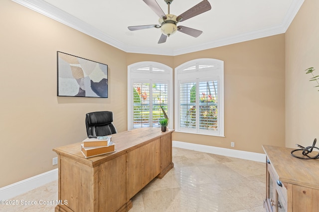 home office featuring baseboards, ornamental molding, and a ceiling fan