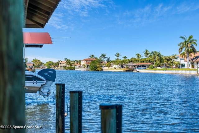 view of water feature with a boat dock